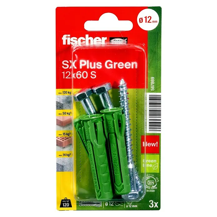 Fischer Spreizdübel-Set SX Green S - Ø x L: 12 x 60 mm, Sechskantschraube, Nylon, 3 Stk. - fischer SX Plus Green Dübelpackung mit 12x60 S, ideal für schwere Lasten bis 120 kg. Zuverlässige Befestigung für Heimwerker und Profis.