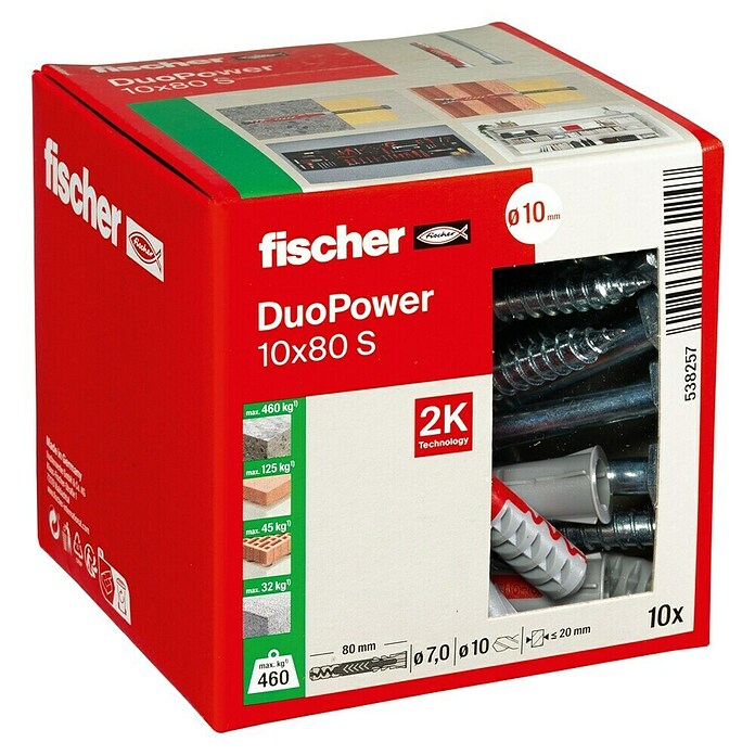 Fischer Duopower Doos pluggen en schroeven 10x80 S (Diameter plug: 10 mm, Pluglengte: 80 mm, Zeskantschroef, 10 st.) | BAUHAUS