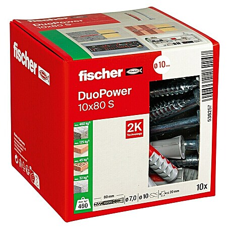 Fischer Duopower Dübel- & Schraubenbox 10x80 S (Durchmesser Dübel: 10 mm, Länge Dübel: 80 mm, Sechskantschraube, 10 Stk.)
