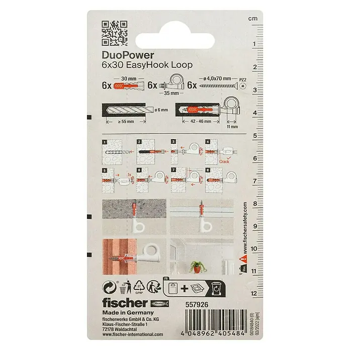 Fischer Duopower Eisengewindeöse EasyHook Loop - Durchmesser Dübel: 6 mm, Länge Dübel: 30 mm - Bild der Verpackung des DuoPower 6x30 EasyHook Loop von Fischer mit Anweisungen und Produktinformationen.