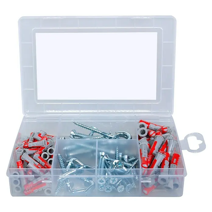 Fischer Schrauben- & Dübel-Set Meisterbox DuoPower - 133 -tlg. - Eine transparente Kunststoffbox mit verschiedenen Schrauben, Haken und Dübeln, ideal für Heimwerker und Reparaturen.