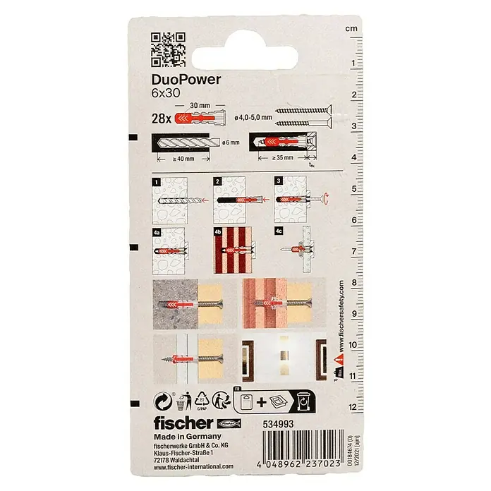 Fischer Duopower Universaldübel 2 K - Ø x L: 6 x 30 mm, Nylon, 28 Stk. - Abbildung der DuoPower 6x30 Universaldübelpackung von Fischer mit Montageanleitung und Größenangaben für verschiedene Anwendungen.