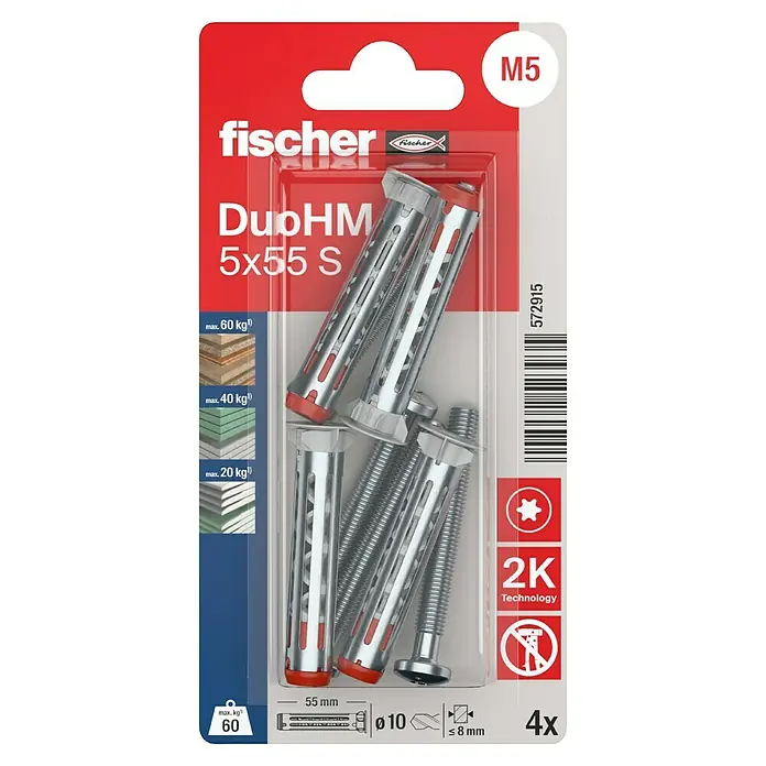 Fischer Hohlraumdübel DuoHM 5x55 S TX - Ø x L: 10 x 55 mm, Metall, 4 Stk., M 5 - Verpackung der Fischer DuoHM 5x55 S Hohlraumdübel mit M5 Schrauben, ideal für Befestigungen in Gipskarton- und Gipsfaserplatten.