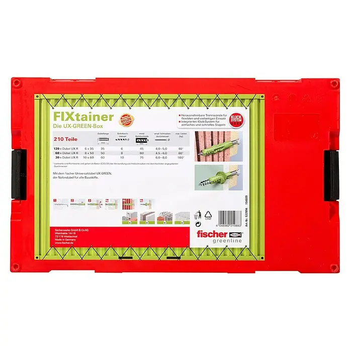 Fischer Greenline Dübelsortiment FIXtainer UX-green-Box - Gesamtumfang: 210 -tlg. - Fischer FIXtainer UX-GREEN-Box mit 210 Dübeln. Die Box bietet herausnehmbare Trennwände und ein integriertes Klick-System zum Stapeln.