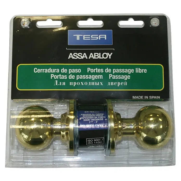 Tesa Assa Abloy Pomo giratorio de paso 3900LP - Acero - Juego de manija de paso TESA dorado, empaquetado. Apto para espesores de puerta de 33-52mm, certificado ISO 9001 e ISO 14001, fabricado en España.