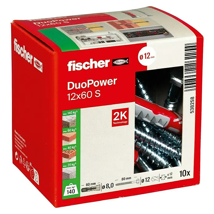 Fischer Duopower Dübel- & Schraubenbox - Durchmesser Dübel: 12 mm, Länge Dübel: 60 mm, Sechskantschraube, 10 Stk. - Eine Packung Fischer Dübel DuoPower 12x60 S, ideal für sichere Befestigungen in verschiedenen Baumaterialien.