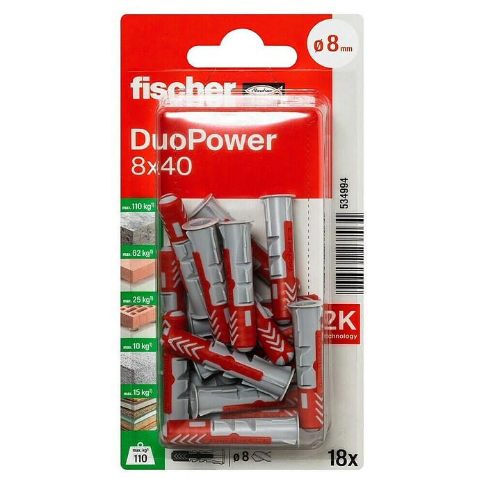 Fischer Duopower Universeelpluggenset (Diameter plug: 8 mm, Pluglengte: 40 mm, 18 stk., Nylon)