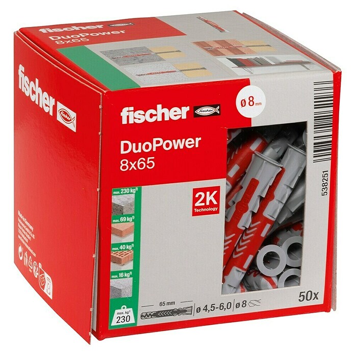 Fischer Duopower Assortimentsdoos pluggen DuoPower (Diameter plug: 8 mm, Pluglengte: 65 mm, Met rand, Alle bouwmaterialen, 50 st.) | BAUHAUS