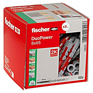 Fischer Duopower Asortiman tipli 8x65 (Promjer tiple: 8 mm, Duljina tiple: 65 mm, S rubom, Svi građevni materijali, 50 Kom.)