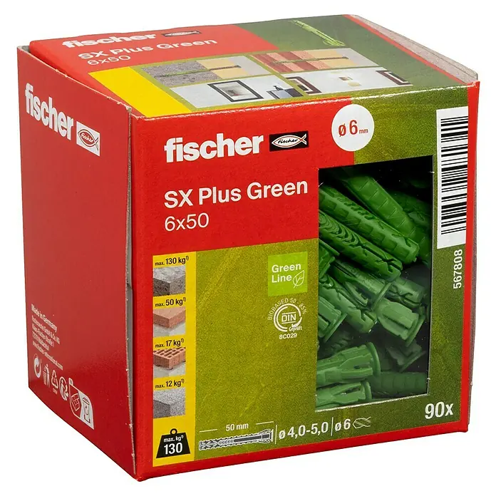 Fischer Spreizdübel SX Green - Ø x L: 6 x 50 mm, Nylon, Mit Rand, 90 Stk. - Box mit Fischer SX Plus Green Dübeln 6x50. Die Dübel sind grün und für verschiedene Materialien geeignet.