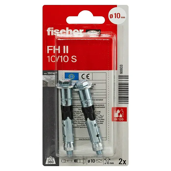 Fischer Schwerlastanker FH II S - Ø x L: 10 x 10 mm, 2 Stk., Sechskantkopf - Ein Paket mit zwei Fischer FH II 10/10 S Bolzenankern, geeignet für Beton mit einer maximalen Last von 360 kg.