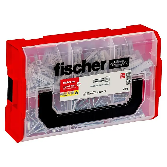 Fischer SX Schrauben- & Dübel-Set FIXtainer - Gesamtumfang: 210 -tlg. - Fischer L-BOXX Mini Dübel- und Schraubensortiment, ideal für Heimwerker und Profis. Enthält 210 Teile in verschiedenen Größen für vielseitige Anwendungen.