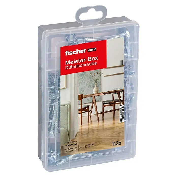 Fischer Meister-Box Schrauben-Set Dübelschrauben - Gesamtumfang: 112 -tlg. - Das Bild zeigt eine transparente Kunststoffbox mit dem Titel "fischer Meister-Box Dübelschraube", gefüllt mit Dübelschrauben verschiedener Größen.