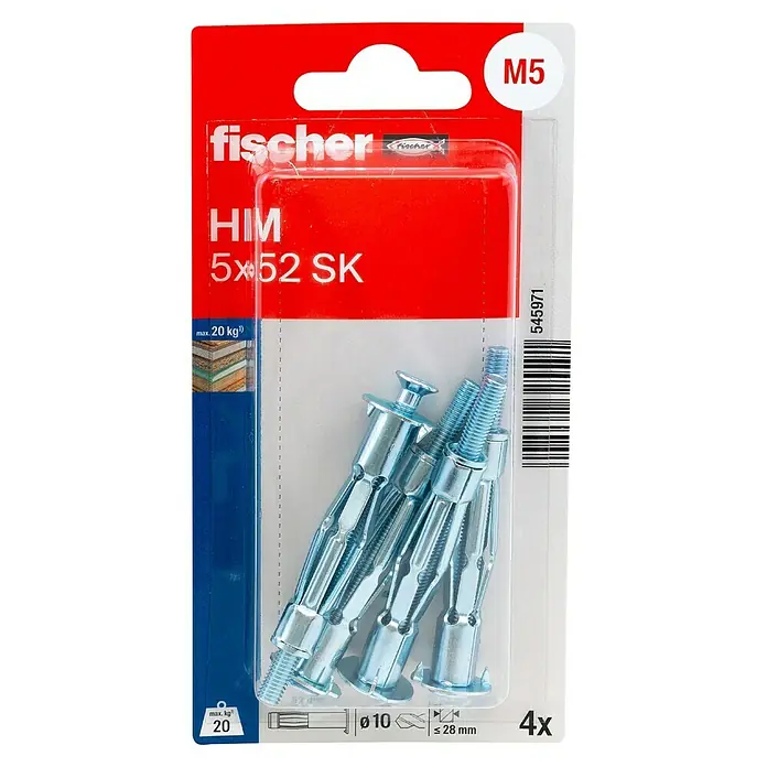 Fischer Metall-Hohlraumdübel HM-S - Länge Dübel: 52 mm, Gesamtstückzahl: 4 Stk. - Eine Packung Fischer HIM 5x52 SK Hohlraumdübel, ideal für Befestigungen in Gipskarton- und Gipsfaserplatten. Für Lasten bis zu 20 kg.