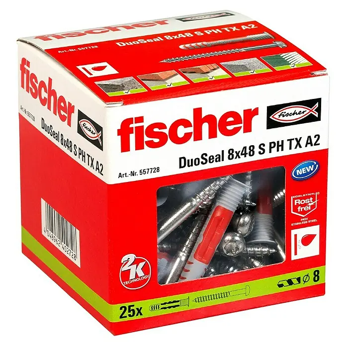 Fischer Dübel- & Schraubenbox DuoSeal - Durchmesser Dübel: 8 mm, Länge Dübel: 48 mm, 25 Stk. - Abbildung einer Packung Fischer DuoSeal 8x48 S PH TX A2 Dübel, die für ihre 2K-Technologie und Edelstahlausführung bekannt sind.