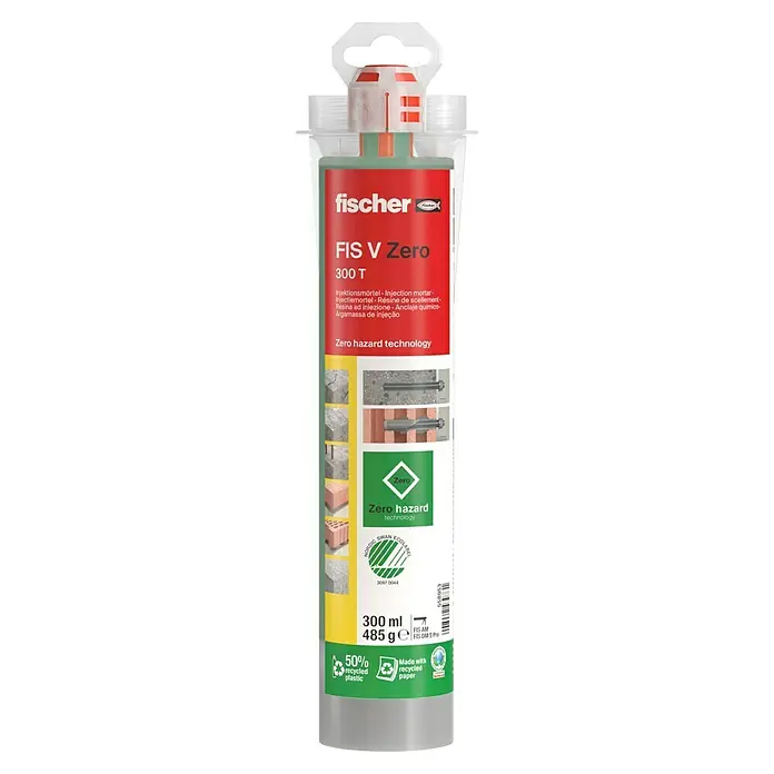 Fischer Montagemörtel FIS V ZERO 300 T - 300 ml, Grau - Bild einer Kartusche Fischer FIS V Zero 300 T Injektionsmörtel, umweltfreundlich mit recyceltem Kunststoff und Papier, für sichere Befestigungen.