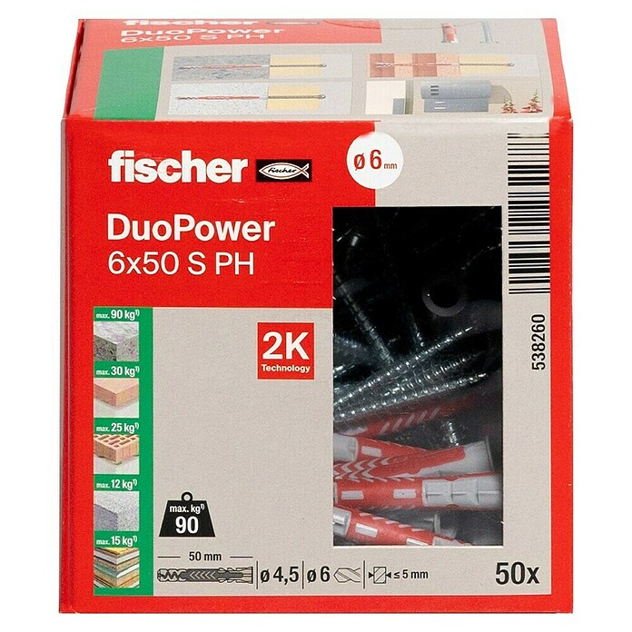 Fischer Duopower Dübel- & Schraubenbox S PH LD (Durchmesser Dübel: 6 mm, Länge Dübel: 50 mm, Panheadschraube, 50 Stk.) | BAUHAUS