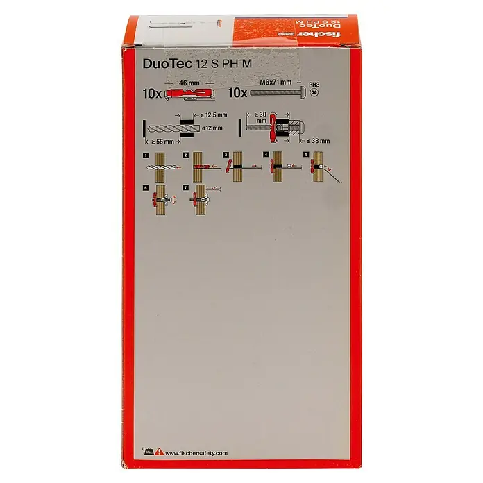 Fischer Duotec Kippdübel-Set 12 S PH - Länge Dübel: 60 mm, 10 Stk. - Verpackung der Fischer DuoTec 12 S PH M-Befestigung, die Montageanleitung und Produktdetails zeigt.