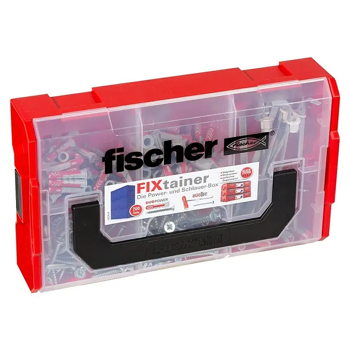 Fischer Schrauben- & Dübel-Set - 200 Stk. - Ein roter und transparenter Fischer FIXtainer L-Box Mini, gefüllt mit Dübeln und Schrauben, für Heimwerker und Profis.