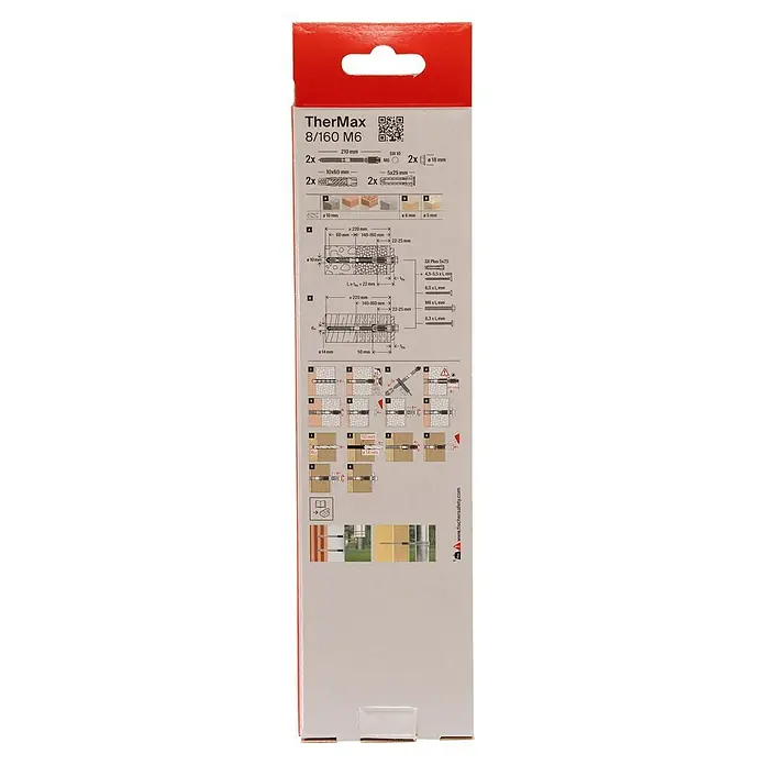 Fischer Thermax Abstandsmontagesystem 8/160 M6 - Länge Dübel: 60 mm, 2 Stk. - Abbildung der Verpackung von Fischer TherMax 8/160 M6 Dübeln, die Details zu Größe, Menge und Anweisungen zur Verwendung des Produkts zeigt.