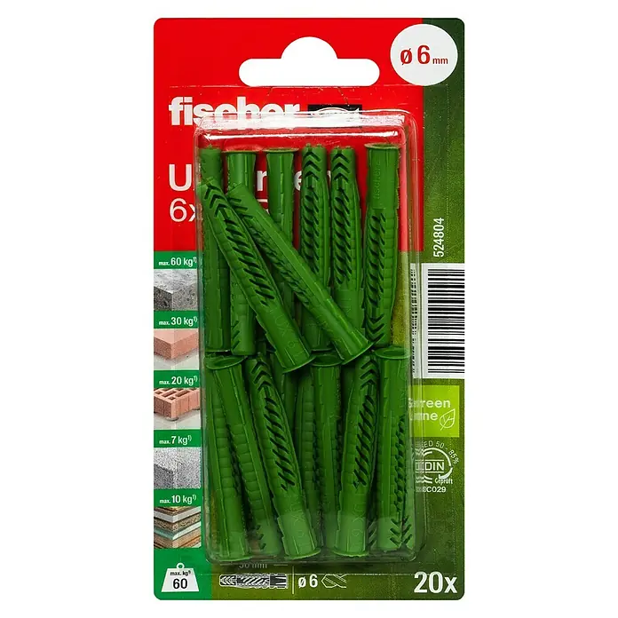 Fischer Greenline Universaldübel UX 6 x 50 R GREEN - Ø x L: 6 x 50 mm, Nylon, Mit Rand, 20 Stk. - Bild einer Packung Fischer UX 6 x 35 Greenline Universaldübel, bestehend aus 20 grünen Dübeln mit einem Durchmesser von 6 mm.