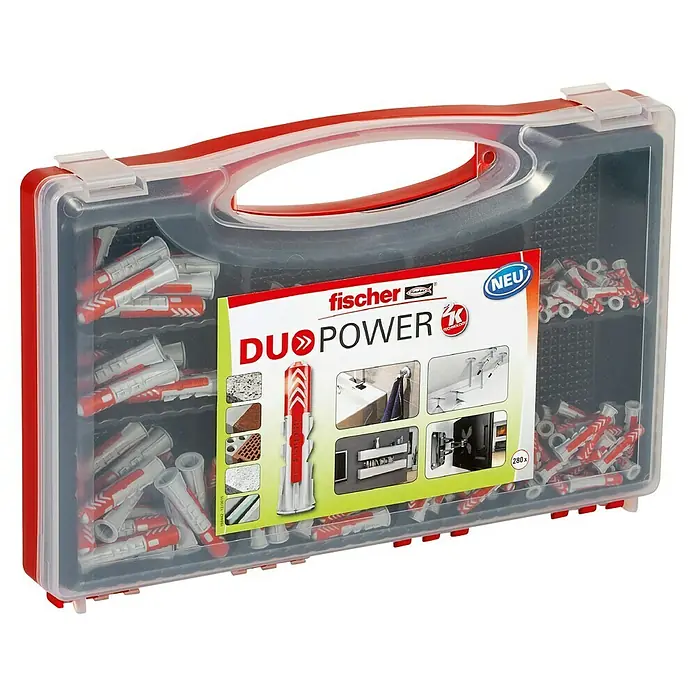 Fischer Duopower Universaldübel-Set redbox - 280 -tlg. - Fischer Dübel DuoPower K 280x: Eine Box mit 280 Dübeln für sichere Befestigung in verschiedenen Baumaterialien. Ideal für Heimwerker und Profis.