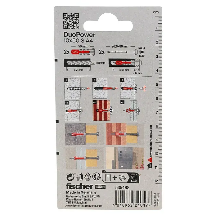Fischer Universaldübel S A4 - Ø x L: 10 x 50 mm, 2 Stk. - Abbildung der DuoPower 10x50 S A4 Dübelverpackung mit Installationsanleitung, Abmessungen und Herstellerinformationen für Heimwerker.