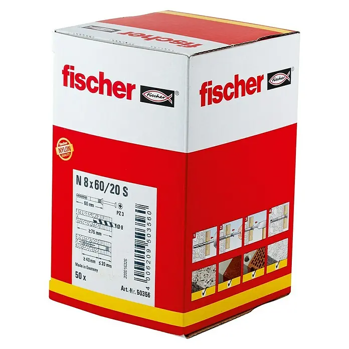 Fischer Nageldübel - Ø x L: 8 x 60 mm, 50 Stk. - Eine Packung Fischer Dübel N 8x60/20 S, Nylondübel mit Schrauben für Befestigungen in verschiedenen Baumaterialien.