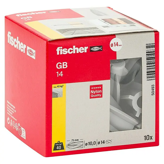 Fischer Gasbetondübel GB 14 - Durchmesser Dübel: 14 mm, Länge Dübel: 75 mm, 10 Stk. - Verpackung von Fischer GB 14 Universaldübeln aus Nylon mit einem Durchmesser von 14 mm, geeignet für Lasten bis zu 40 kg.