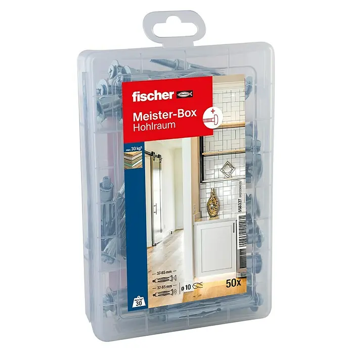 Fischer Meister-Box Schrauben- & Dübel-Set HM+S - 50 -tlg. - Produktabbildung einer transparenten Fischer Meister-Box Hohlraum, gefüllt mit Befestigungsmaterialien für Hohlräume bis max. 30kg Belastung.