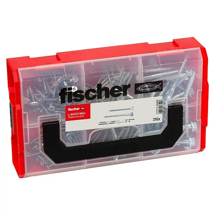 Fischer Schrauben-Set MeisterBox - 210 -tlg. - Eine rote und transparente Fischer L-Boxx Mini, gefüllt mit 210 Dübelschrauben, ideal für Heimwerker- und Montagearbeiten.