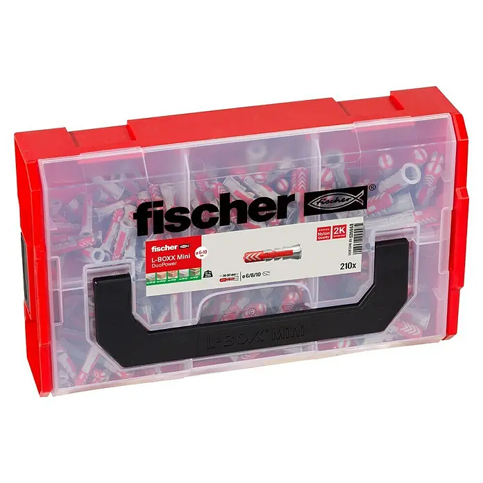 Fischer Duopower Dübelsortiment FIXtainer - 210 -tlg. - Ein roter und transparenter Sortimentskasten von Fischer, gefüllt mit DuoPower-Dübeln in verschiedenen Größen für den vielseitigen Einsatz.