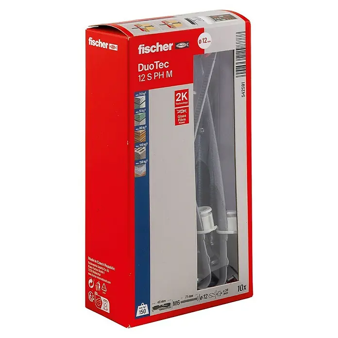 Fischer Duotec Kippdübel-Set 12 S PH - Länge Dübel: 60 mm, 10 Stk. - Produktaufnahme einer Fischer DuoTec 12 S PH M Kippdübel-Verpackung, ideal für sichere Befestigungen in verschiedenen Materialien.