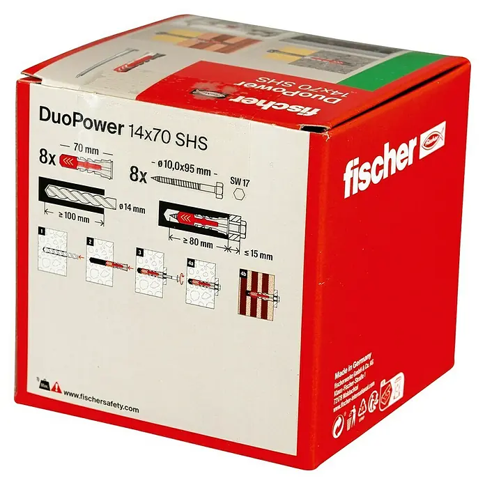 Fischer Duopower Dübel- & Schraubenbox 14x70 S LD - Durchmesser Dübel: 14 mm, Länge Dübel: 70 mm, Sechskantschraube, 8 Stk. - Produktverpackung von Fischer DuoPower 14x70 SHS Universaldübel mit Schrauben. Die Verpackung zeigt Anwendungshinweise und Produktdetails.