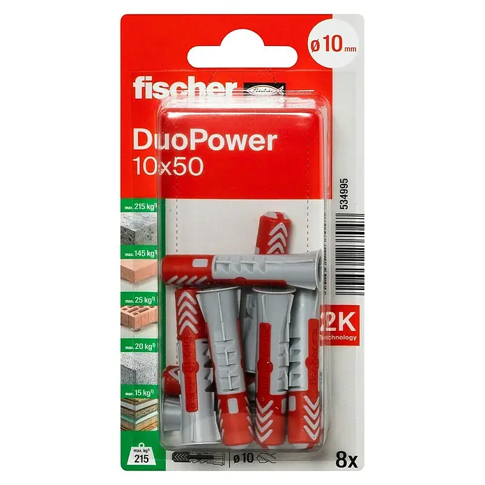 Fischer Duopower Universaldübel 2 K - Ø x L: 10 x 50 mm, Nylon, 8 Stk. - Bild einer Packung Fischer DuoPower 10x50 Dübel, geeignet für verschiedene Materialien wie Beton und Ziegel, mit einer maximalen Belastung von 215 kg.
