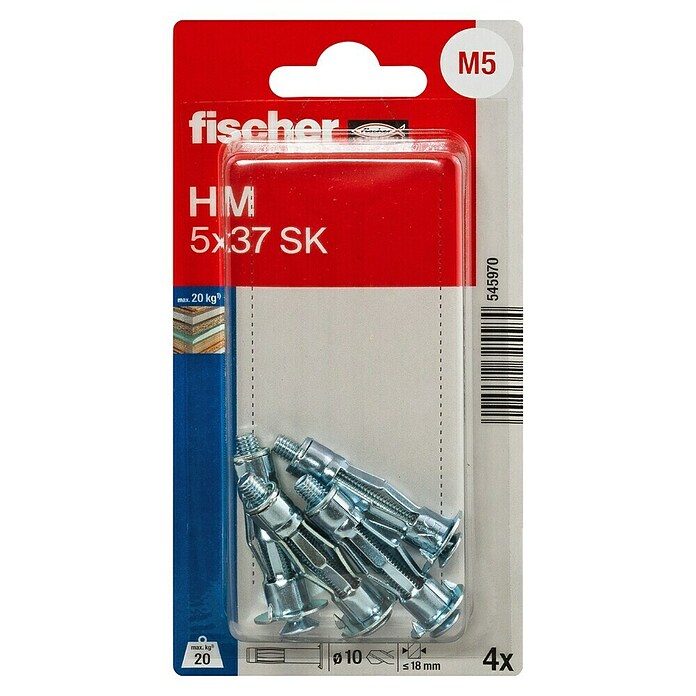 Fischer Hohlraumdübel HM 5x37 SK (Länge Dübel: 37 mm, Silber, 4 Stk.) | BAUHAUS