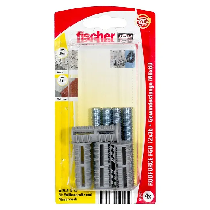 Fischer Rodforce Gewindestangendübel FGD - Länge Dübel: 35 mm, Gewinde: M8 x 60 mm, 4 Stk. - Bild einer Packung Fischer RODFORCE FGD 12x35 Dübel mit Gewindestange M8x60, Nylonausführung für Vollbaustoffe und Mauerwerk, 4 Stück.