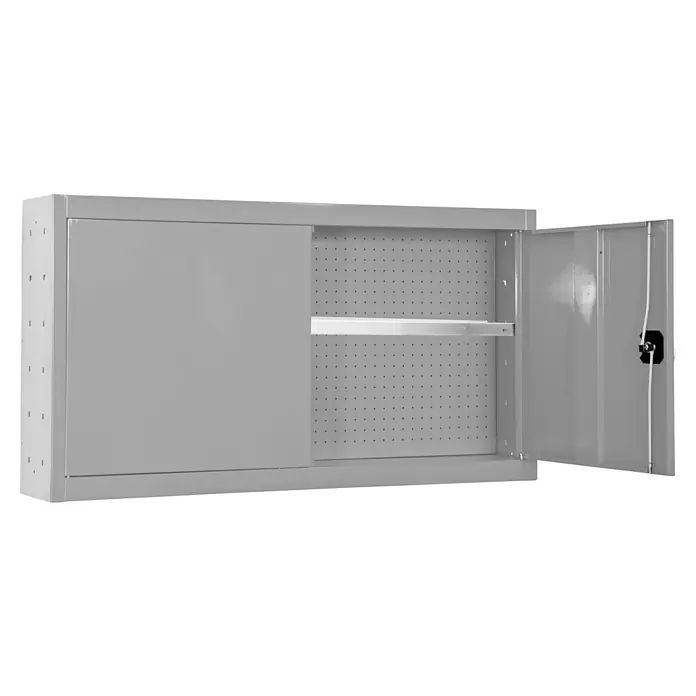 Simonrack Simonwork Armario para herramientas Cabinet Tools Shelf - Al x An x Pr: 55 x 90 x 27,5 cm, Gris, Completamente montado - Primer plano de un armario de herramientas gris con panel perforado y puerta corredera, ideal para la organización del taller y el almacenamiento de herramientas.