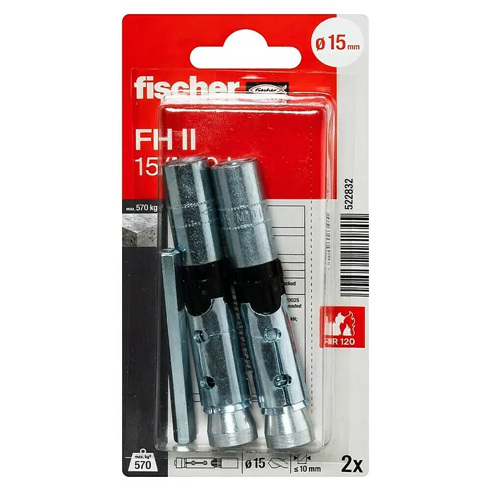 Fischer Hochleistungsanker FH 2 15/M10 I K - Länge Dübel: 90 mm, 2 Stk. - Ein Paket mit zwei Fischer FH II 15 Bolzenankern, ideal für schwere Lasten. Durchmesser 15 mm, maximale Last 570 kg, für zuverlässige Befestigungen.