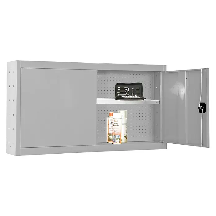 Simonrack Simonwork Armario para herramientas Cabinet Tools Shelf - Al x An x Pr: 55 x 90 x 27,5 cm, Gris, Completamente montado - Armario metálico con herramientas y pintura en aerosol. El armario gris tiene una puerta abierta. Las herramientas y la pintura son visibles.