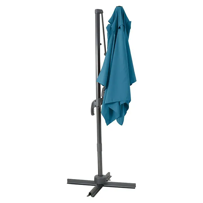 Sunfun Schirmbezug Capri - Petrol, Passend für: Sunfun Ampelschirmgestell Capri 200 x 250 cm - Geschlossener blauer Sonnenschirm auf einem dunklen Metallständer, ideal für den Garten oder die Terrasse und spendet Schatten.