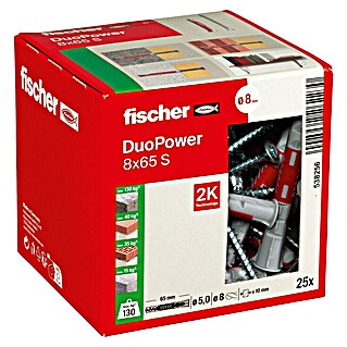 Fischer Duopower Doos pluggen en schroeven 8x65 S LD (Diameter plug: 8 mm, Pluglengte: 65 mm, Schroef met verzonken kop, 25 st.)