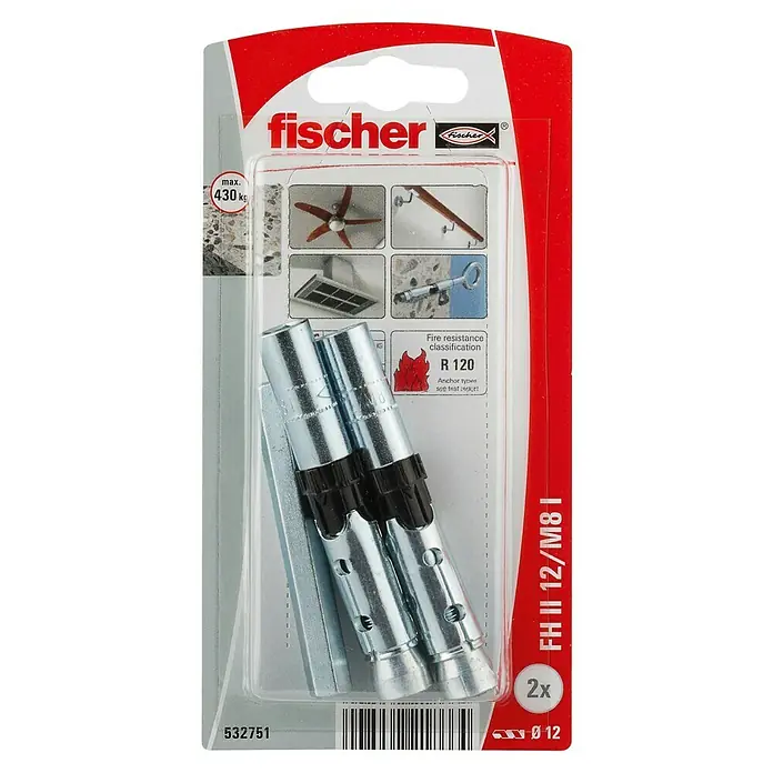 Fischer Einschlaganker FH II-I - Durchmesser Bohrloch: 12 mm, Gewinde: M 8 - Verpackung von Fischer FH II 12/M8 Dübeln, geeignet für schwere Lasten bis 430 kg, mit Feuerwiderstandsklasse R 120 für hohe Sicherheit.