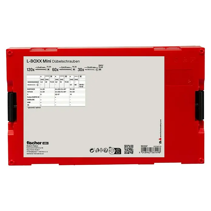 Fischer Schrauben-Set MeisterBox - 210 -tlg. - Bild einer L-BOXX Mini mit Dübelschrauben in verschiedenen Größen und passenden Dübeln für vielfältige Befestigungsanwendungen.