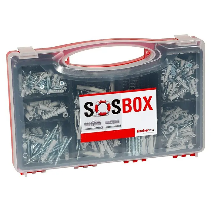 Fischer Schrauben- & Dübel-Set SOSBox S + FU + Schrauben - 360 -tlg. - Eine SOS-Box von Fischer, gefüllt mit Schrauben und Dübeln verschiedener Größen, ideal für schnelle Reparaturen und Befestigungen im Haushalt.