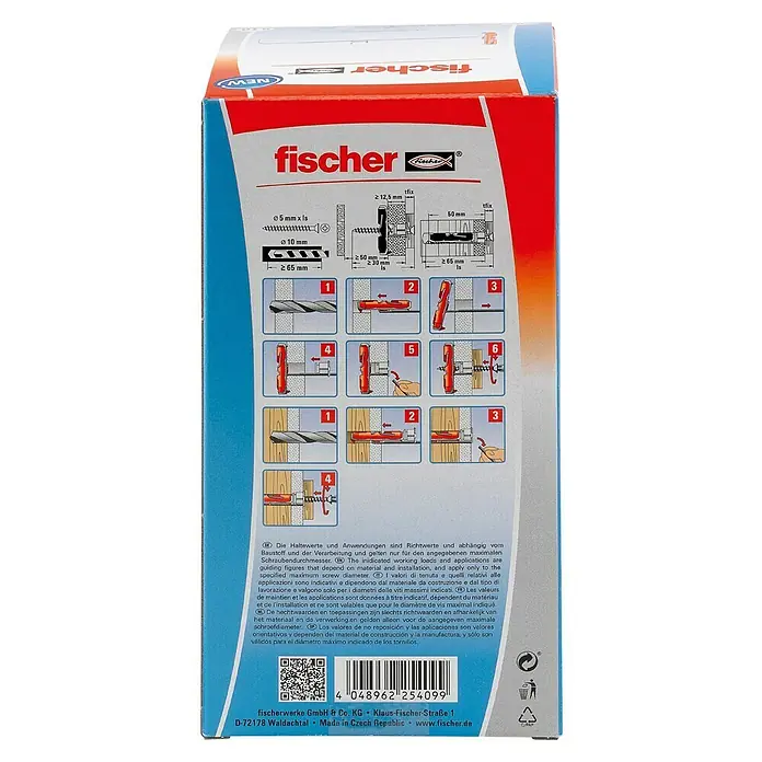 Fischer Kippdübel - Durchmesser Dübel: 10 mm, Länge Dübel: 47 mm, Gipskartonplatten, 20 Stk. - fischer Dübelverpackung mit Montageanleitung.
