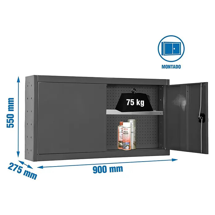Simonrack Simonwork Armario para herramientas Cabinet Tools Shelf - Al x An x Pr: 55 x 90 x 27,5 cm, Antracita, Completamente montado - Imagen de producto de un armario de pared gris con dimensiones 900 x 550 x 275 mm, cargado con objetos y un peso de 75 kg.