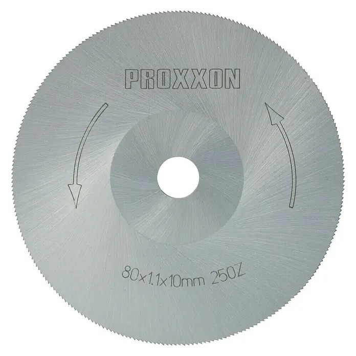 Proxxon Kreissägeblatt 28730 - 80 mm, Bohrung: 10 mm, Anzahl Zähne: 250 Stk. - Nahaufnahme eines Proxxon Trennscheibe 80x1,1x10mm 250Z, ein Werkzeug für präzise Schnitte mit doppelten Drehrichtungspfeilen.
