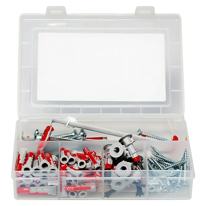 Fischer Schrauben- & Dübel-Set Duoline Meister-Box - 91 -tlg. - Bild einer transparenten Sortierbox mit verschiedenen Dübeln und Schrauben, ideal für Heimwerkerarbeiten und Befestigungen.