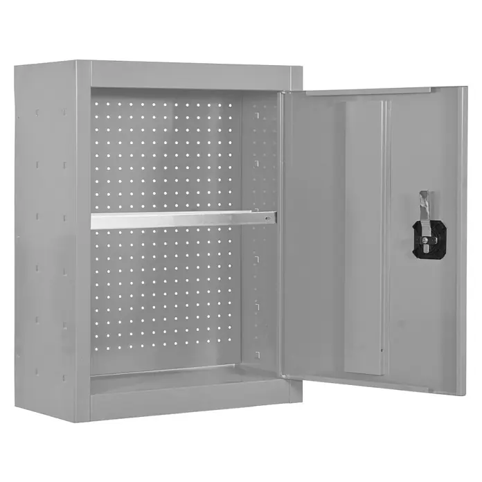 Simonrack Simonwork Armario para herramientas Cabinet Tools Shelf - Ancho: 50 cm, Gris, Desmontado - Un armario metálico gris con una puerta abierta que revela un fondo perforado y un soporte para estantes.